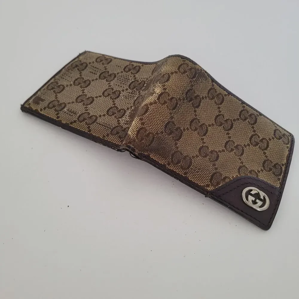 GUCCI GG Interlocking Men's Canvas Leather Card Bill Wallet Bifold Brown Designe